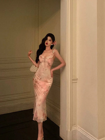 Sheath V Neckline Date Night Dress Floral Pink Prom Dresses Party Dress Birthday Outfits SD788